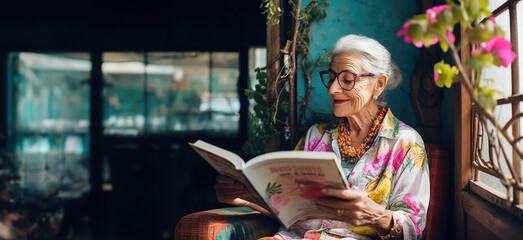 an elegant elderly lady enjoys her free time reading. a modern grandmother reads books and educates 