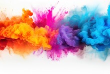 Colorful Rainbow Holi Paint Color Powder Explosion Isolated On White Wide Panorama Background Minimal Lines，colorful Watercolor Splashes