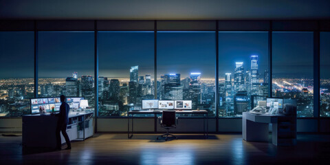 Wall Mural - Futuristic modern office. Business corporation room - Generative AI