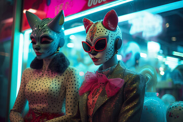 In the future, every day is Halloween. People in eccentric cyber costumes walk the streets of the neon city. Fashion shows of futuristic costumes.