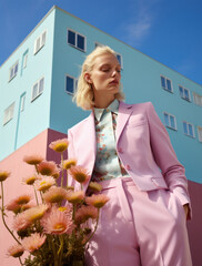 Wall Mural - Pastel artistic portrait of a young pretty girl in a fashionable, stylish pastel color suit with pastel buildings in the background. Minimal autumn style.