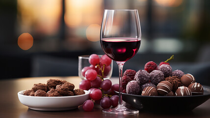 Wall Mural - glass with delicious wine and sweets on table in room