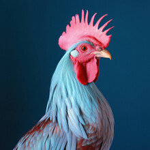 Close-up Portrait Of A Wild Animal With Blue And Pink Neon Lights. A Confident Crowing Rooster From The Countryside.