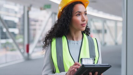 Fototapete - Architecture woman, building and tablet for design planning, construction and bridge progress. Contractor, industry worker or african person on digital technology for civil engineering or inspection