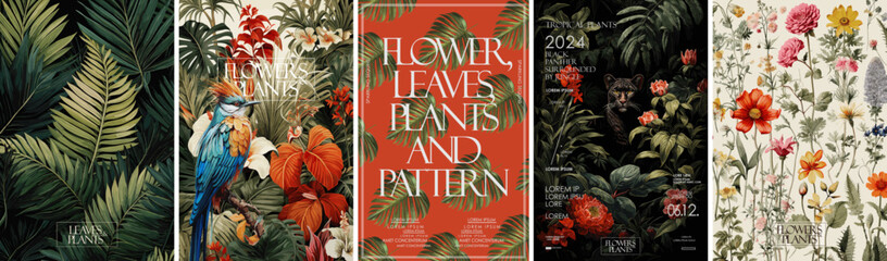 flowers and leaves. vector illustrations of fern, bird of paradise, black panther, palm leaf and oth