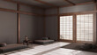 Dark late evening scene, minimal meditation room with pillows, tatami mats and decors. Wooden beams and resin floor. Japandi interior design