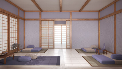 Wall Mural - Japandi meditation room in white and purple tones, pillows, tatami mats and paper doors. Wooden beams and resin floor. Minimalist interior design