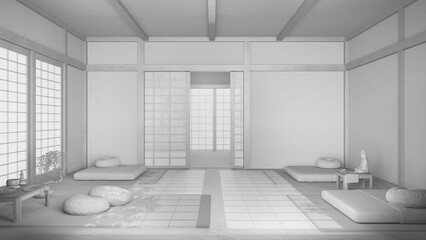 Wall Mural - Total white project draft, japandi meditation room with pillows, tatami mats and paper doors. Wooden beams and resin floor. Minimalist interior design