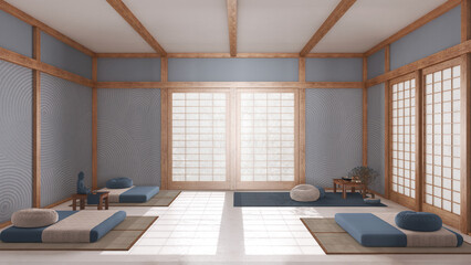 Wall Mural - Minimal meditation room in white and blue tones, pillows, tatami mats and paper doors. Wooden beams and resin floor. Japanese interior design