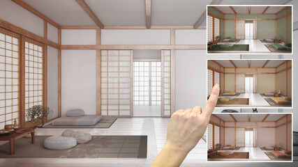 Aufkleber - Architect designer concept, hand showing meditation room colors in different options, top view, above, plan, interior design project draft, color picker, material sample