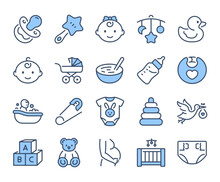 Baby Care Blue Editable Stroke Outline Icons Set Isolated On White Background Flat Vector Illustration. Pixel Perfect. 64 X 64..