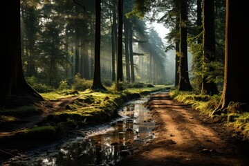 Canvas Print - The dirt road leading through the woods on a foggy summer morning. Generative Ai.