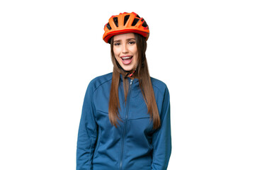 Wall Mural - Young cyclist woman over isolated chroma key background with surprise facial expression