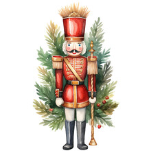 Christmas Nutcracker With Pine Leaves In Traditional Soldier Outfit Isolated Watercolor Clipart