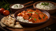 Hot Spicy Chicken Tikka Masala In Bowl. Chicken Curry With Rice, Indian Naan Butter Bread, Spices, Herbs. Traditional Indian/British Dish, Popular Indian Curry In UK