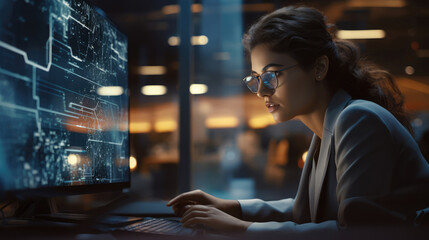 Poster - Close up of futuristic female CPA working on a modern computer.