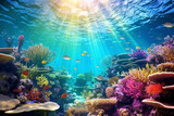 Fototapeta Do akwarium - Beautiful scenery of underwater coral reefs shining in the sunlight from the sky. The concept of ecology.