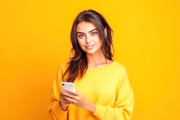 Girl with smartphone on yellow background.