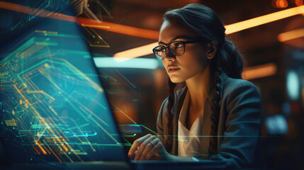 Poster - Overlay, futuristic Female IT Programmer Working on Desktop Computer