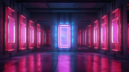 Glowing neon sign in big hall with purple and blue lights