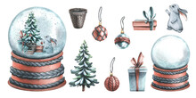 Snow Globe With Gift Boxes, Christmas Tree And A Cute Bunny. Watercolor Illustration, Hand Drawn. Set Of Isolated Elements On A White Background.