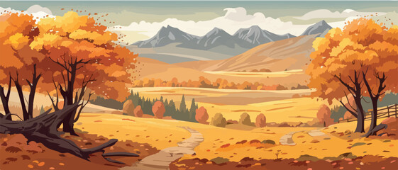 Wall Mural - Countryside panorama in autumn, vector horizontal banner of autumn landscape mountains and maple trees fallen with yellow foliage. simple vector