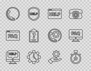 Poster - Set line Computer monitor and help, Stopwatch, Browser, Time Management, Telephone 24 hours support, Clipboard with question marks, Settings in the hand and FAQ icon. Vector