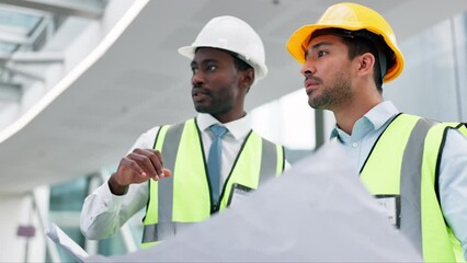 Poster - People, engineering and planning with blueprint for building development, design ideas and collaboration or teamwork. Construction worker, builder or men with floor plan and architecture solution