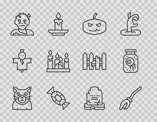 Set line Cat, Witches broom, Pumpkin, Candy, Zombie mask, Burning candle, Tombstone with RIP written and Eye jar icon. Vector