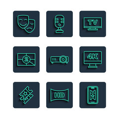 Sticker - Set line Cinema ticket, Hd movie, tape, frame, Buy cinema online, Smart Tv, Movie, film, media projector, Old countdown, Comedy and tragedy masks and Screen tv with 4k icon. Vector