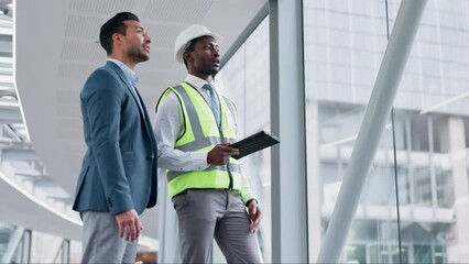 Poster - Tablet, collaboration or construction with an engineer and architect in a building for planning a development project. Technology, vision or teamwork with a manager and designer talking maintenance