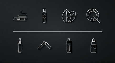 Sticker - Set line Cigar, Electronic cigarette, Ashtray with, Broken, Vape liquid bottle and Tobacco leaf icon. Vector