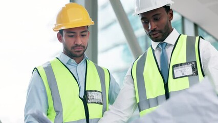 Poster - Construction worker, people and blueprint for planning, teamwork or thinking of building development. Architecture builder or men for floor plan solution, paper ideas or strategy in civil engineering
