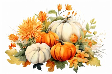 Poster - Pumpkins and flowers in a vibrant still life painting