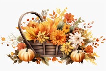 A Festive Autumn Basket Filled With A Colorful Array Of Flowers And Pumpkins