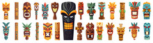 Tiki Masks Isolated On White Background. Cartoon Vector Illustration, Icons Set