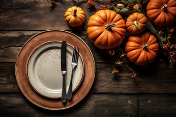 A table setting with a festive touch of pumpkins