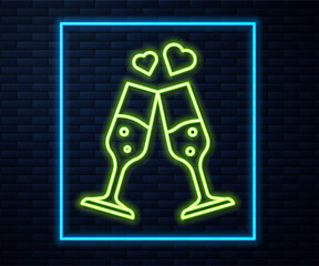 Poster - Glowing neon line Glass of champagne icon isolated on brick wall background. Happy Valentines day. Vector