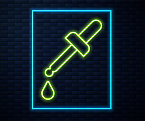 Wall Mural - Glowing neon line Pipette icon isolated on brick wall background. Element of medical, chemistry lab equipment. Medicine symbol. Vector