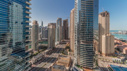  Panoramic view of the Dubai Marina and JBR area and the famous Ferris Wheel aerial timelapse