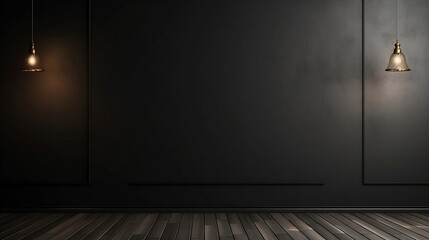 Modern Room interior with black walls and wooden flooring - dark black cement plaster interior with warm lights hanging with copy space