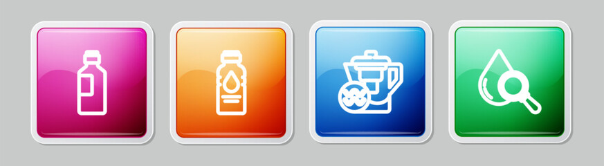 Poster - Set line Bottle of water, , Water jug with filter and Drop and magnifying glass. Colorful square button. Vector