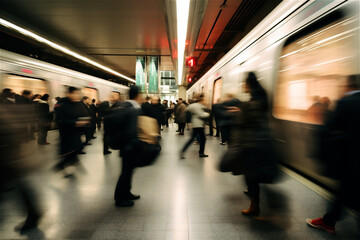 Commuting railway passengers walk through busy corridor in metro system, public transport