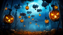 Happy Pumpkins Fly With Parachutes And Celebrate Halloween Night