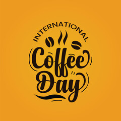 Coffee day vector illustration with text and coffee beans for celebrating international coffee day 2023. Coffee day typography greeting card creative idea on yellow background.
