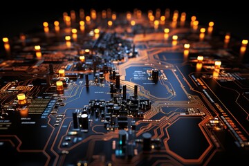 Fototapete - A macro image of a processor or a graphic card, technological device storing memory, hardware close-up, neon led lights. Generative AI technology