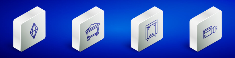 Wall Mural - Set Isometric line Gem stone, Mine coal trolley, entrance and Flashlight icon. Vector