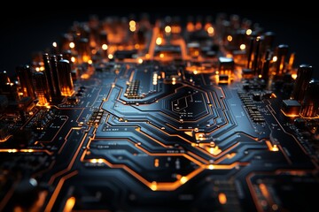 Fototapete - A macro image of a processor or a graphic card, technological device storing memory, hardware close-up, neon led lights. Generative AI technology