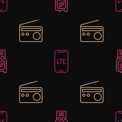 Sticker - Set line Walkie talkie, Radio and LTE network on seamless pattern. Vector