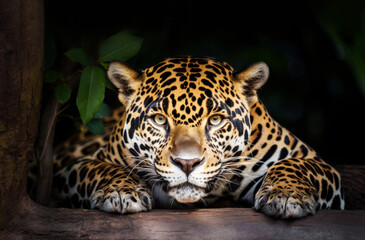 Wall Mural - Close-up of a Jaguar lying on a river bank among trees